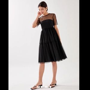 Black mesh tulle dot midi dress